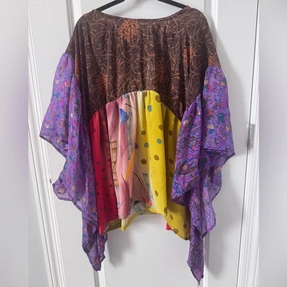 Colorful Patchwork Poncho Blouse Top - Picture 3 of 3